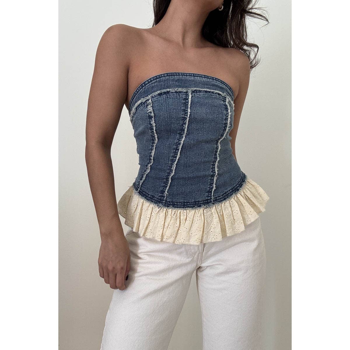 Denim Tube Top With Eyelet Frilled Hem