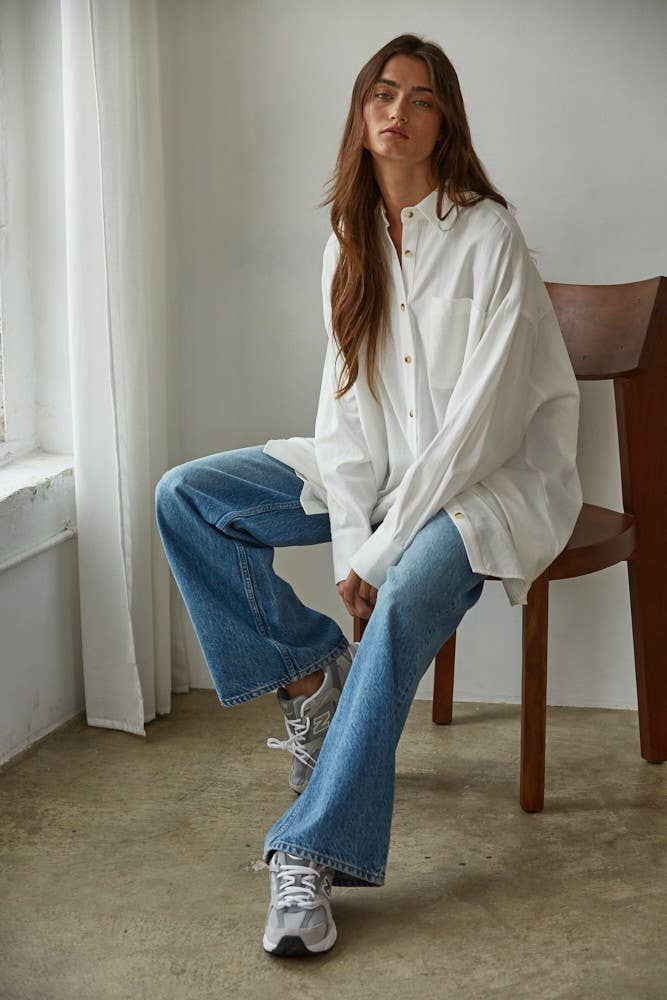 Woven Cotton Button Down Collar Neck Long Sleeve