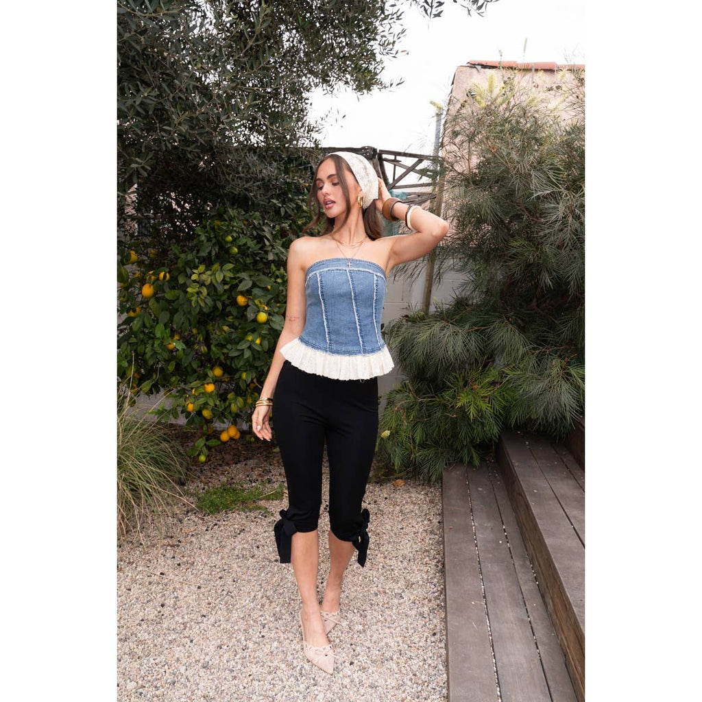 Denim Tube Top With Eyelet Frilled Hem