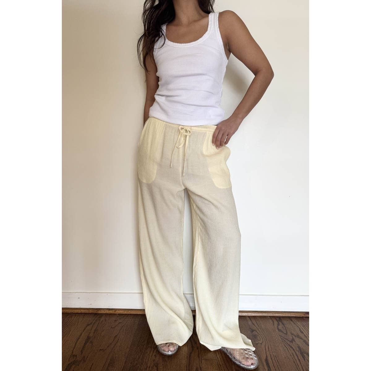 Drawstring Mid Waist Straight Leg Flowy Pants