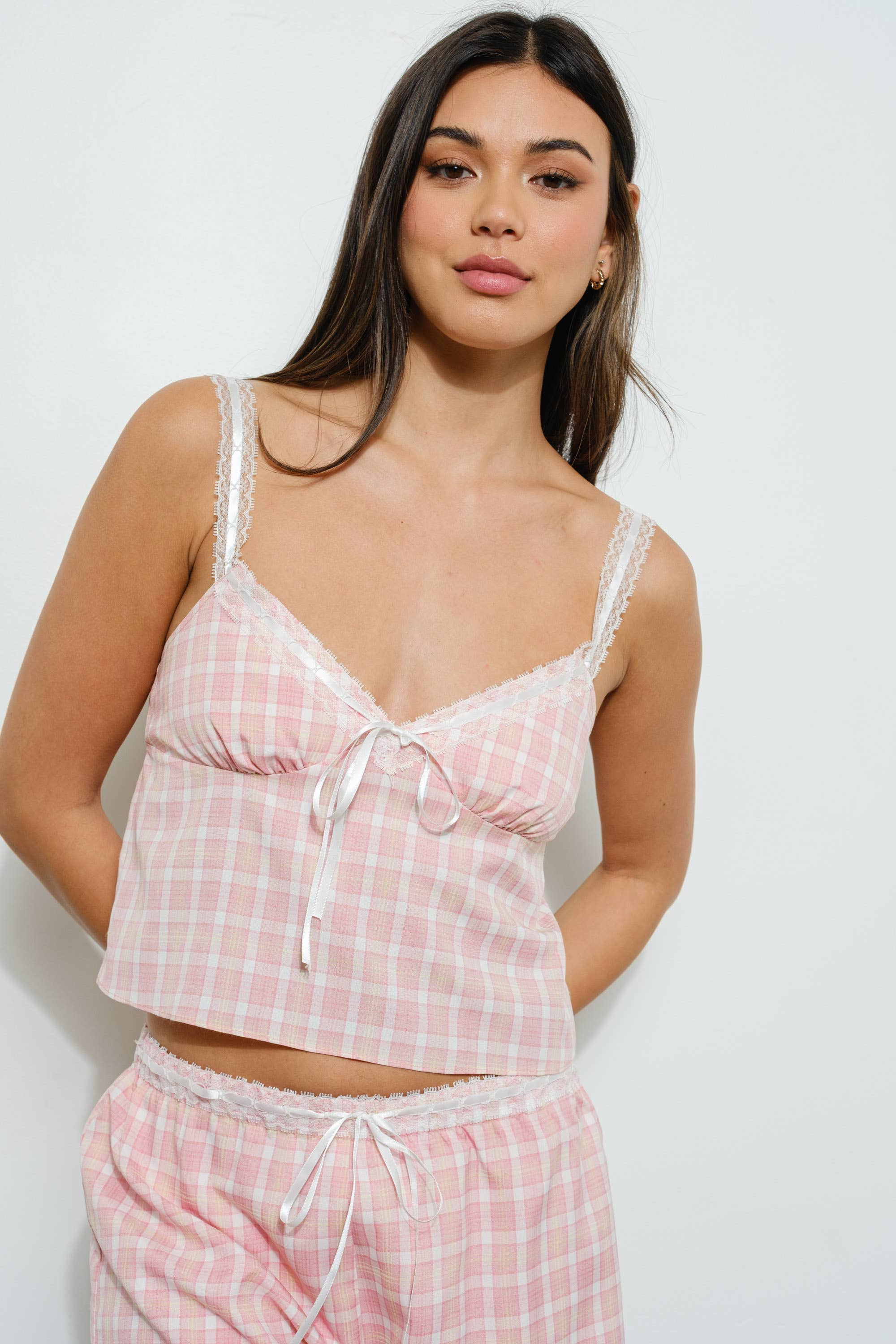 LACE TRIM PLAID CAMI