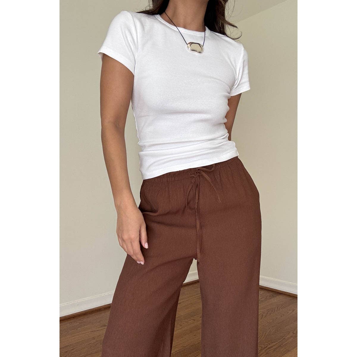 Drawstring Mid Waist Straight Leg Flowy Pants