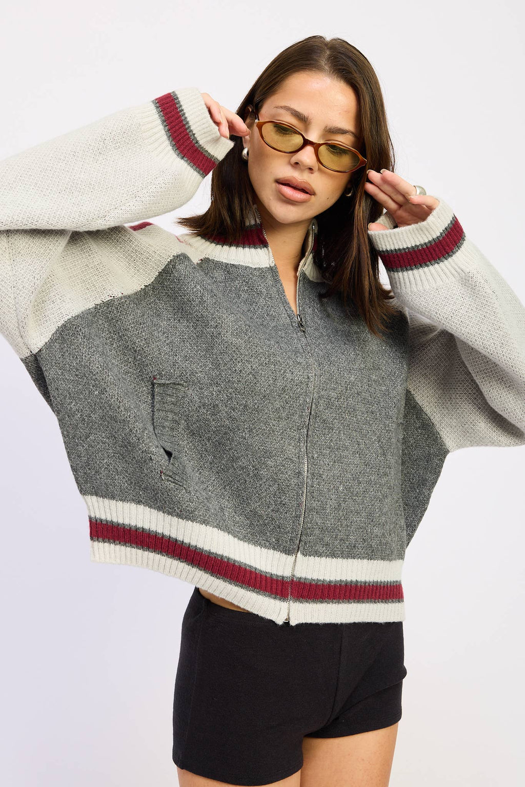 Zip Up Sweater Cardigan With Mock Neck