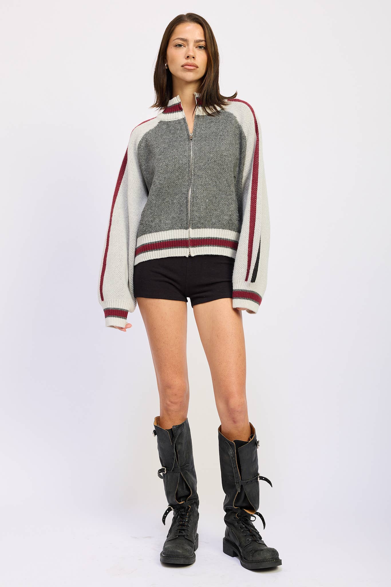 Zip Up Sweater Cardigan With Mock Neck