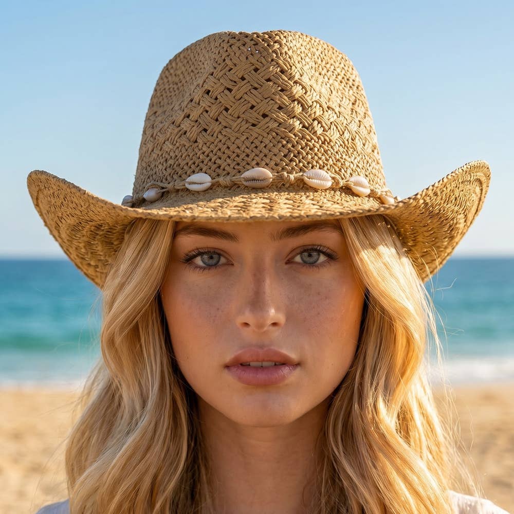 STRAW COWRIE SHELL BAND COWBOY HAT