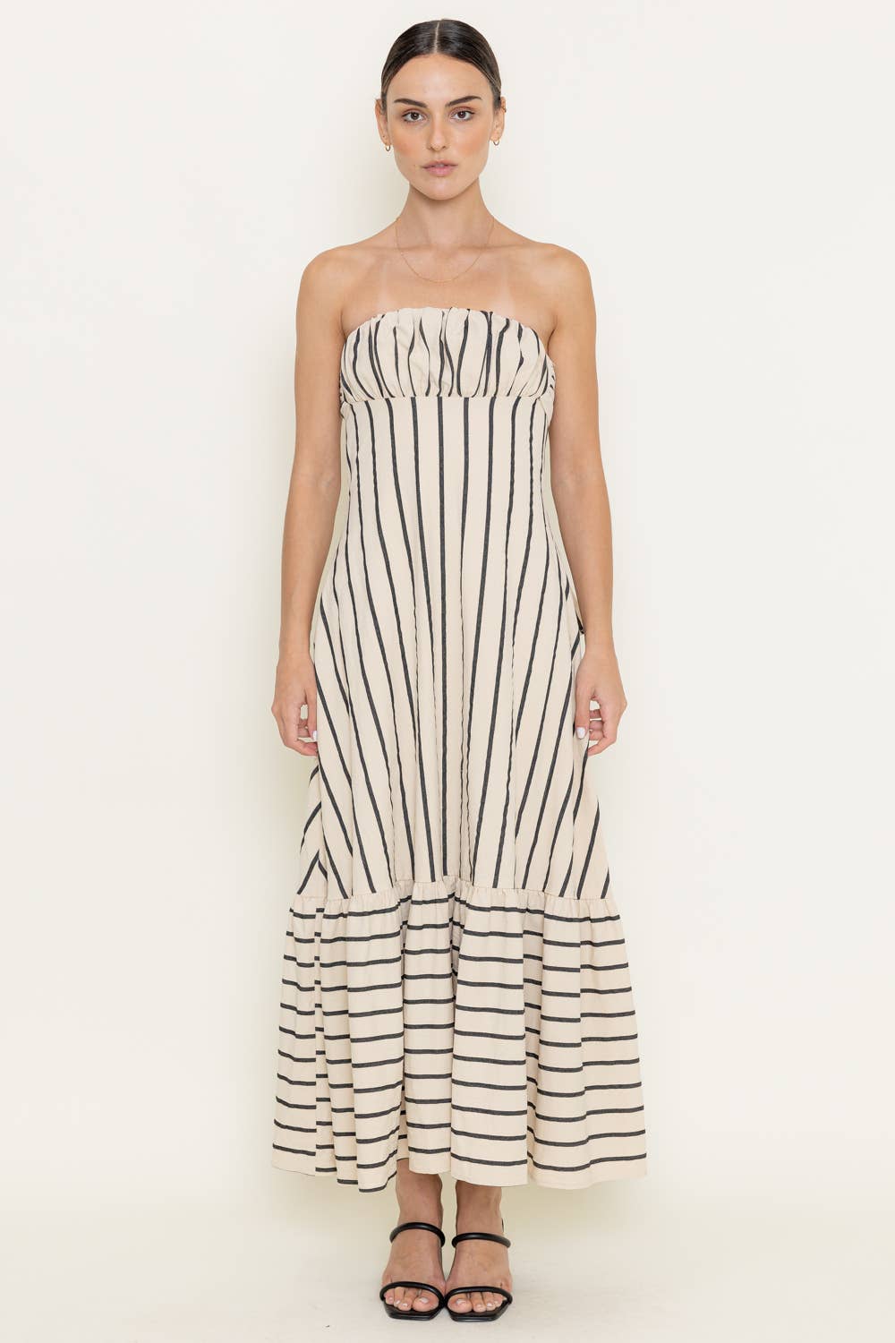 STRAPLESS STRIPES BACK TIE STRAP MAXI DRESS
