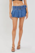 Low-Waisted Pleated Mini Skirt with Denim Belt