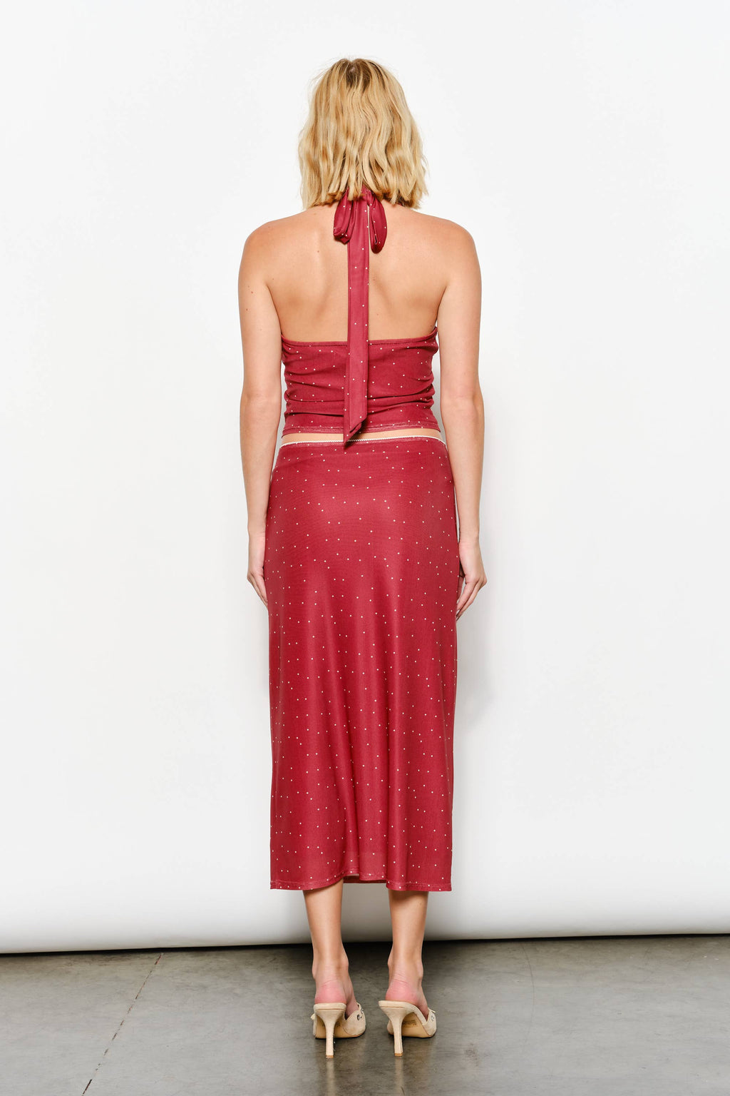 GENEVA POLKADOT MESH HALTER NECK TOP