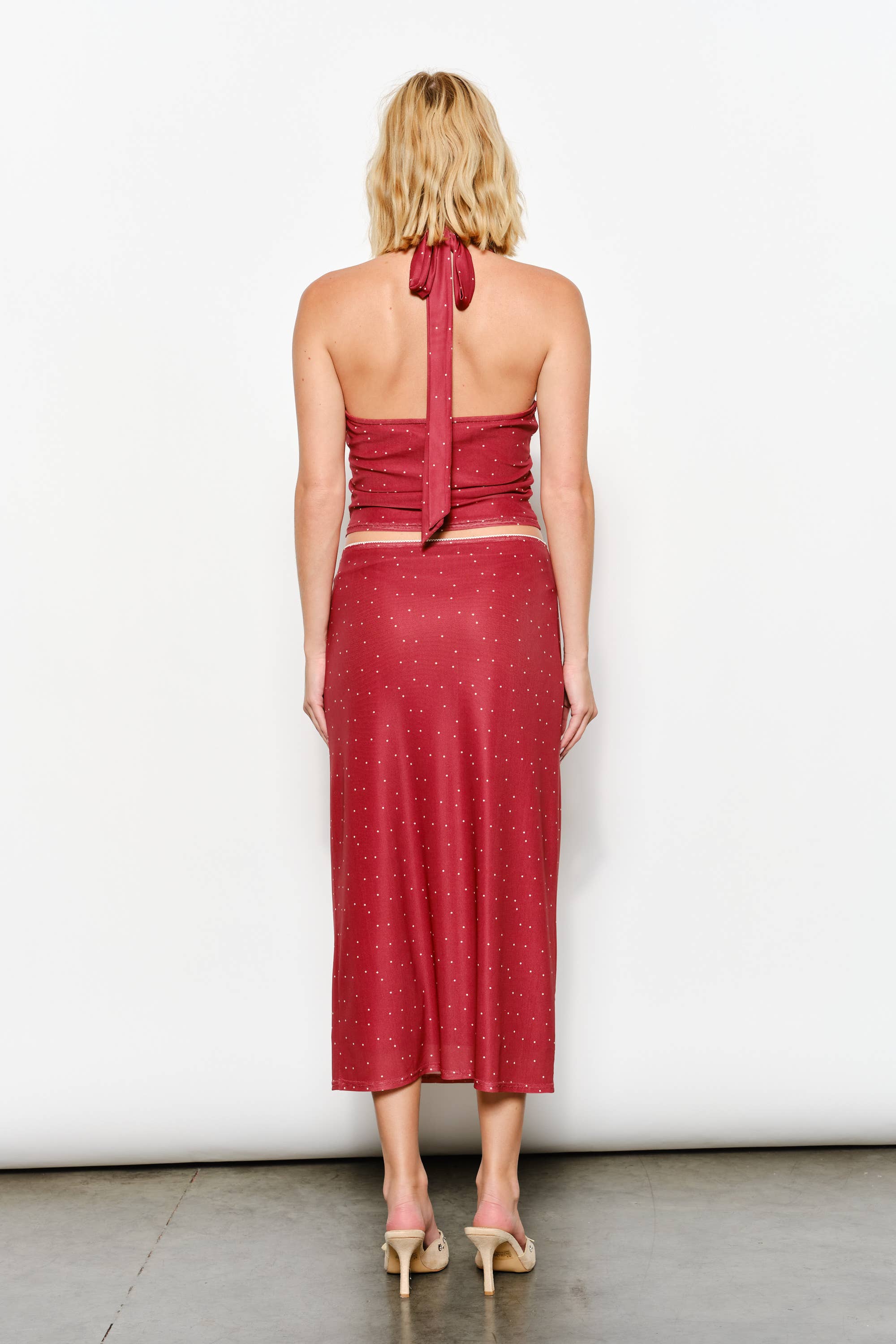 GENEVA POLKADOT MESH HALTER NECK TOP
