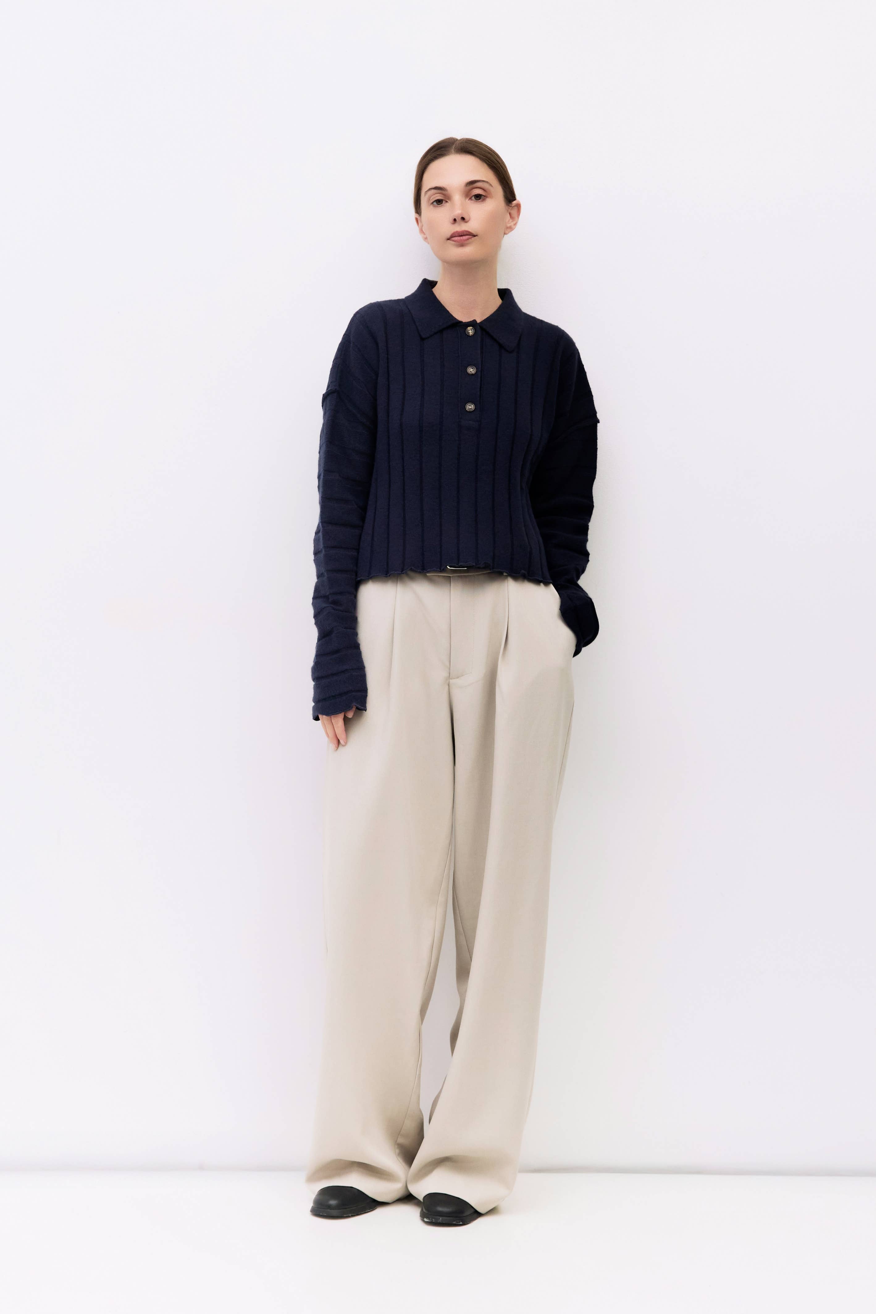 The Karina Sweater | Cropped Ribbed Knit Polo Sweater
