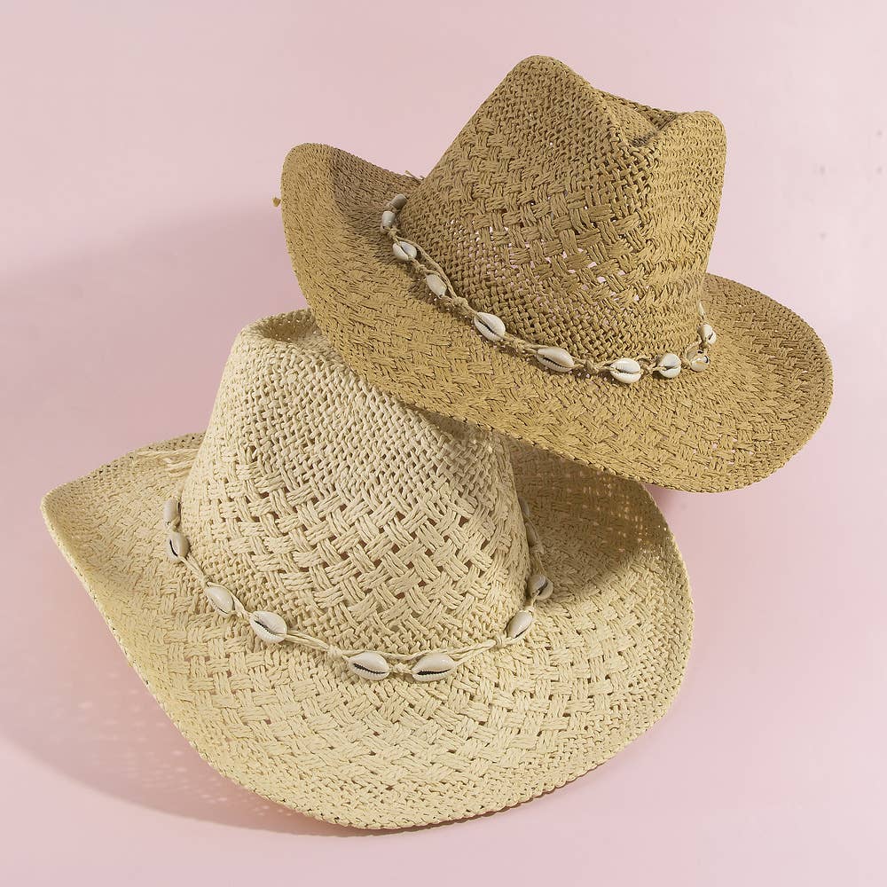 STRAW COWRIE SHELL BAND COWBOY HAT