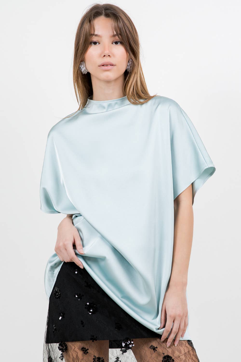 Mini Cowl Neck Satin Shirt Blouse
