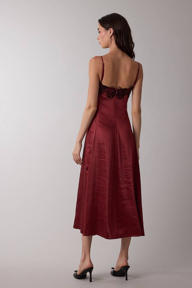 Satin Black Floral Lace Bust Sleeveless Midi Dress