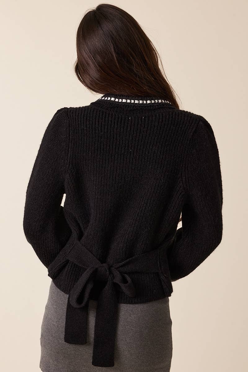 Lace Point Collared Back Tie Knit Sweater