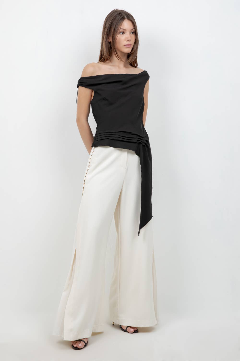 SOFT WOVEN ASYMMETRICAL SLEEVELESS TOP W PLEAT DETAILS
