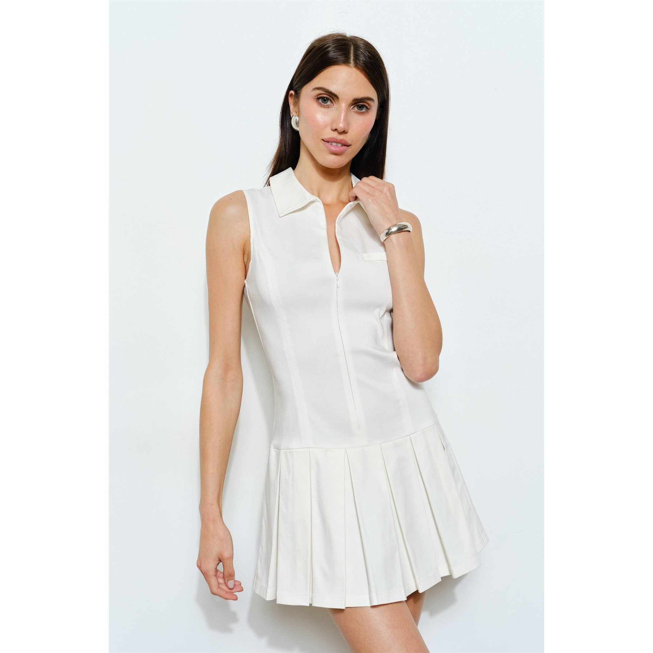 Martine Pleated Zip Mini Tennis Dress in White (L) Martine Pleated Zip Mini Tennis Dress in White (L)