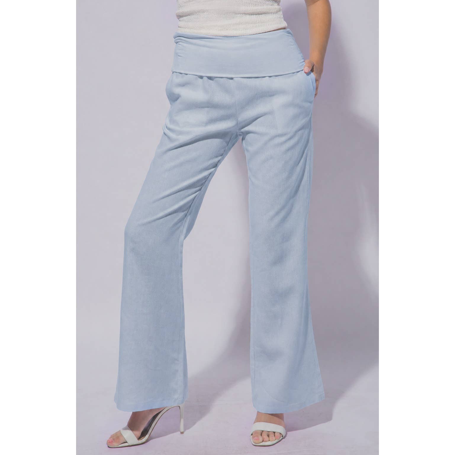 WAIST FOLD OVER FLARE LINEN PANTS