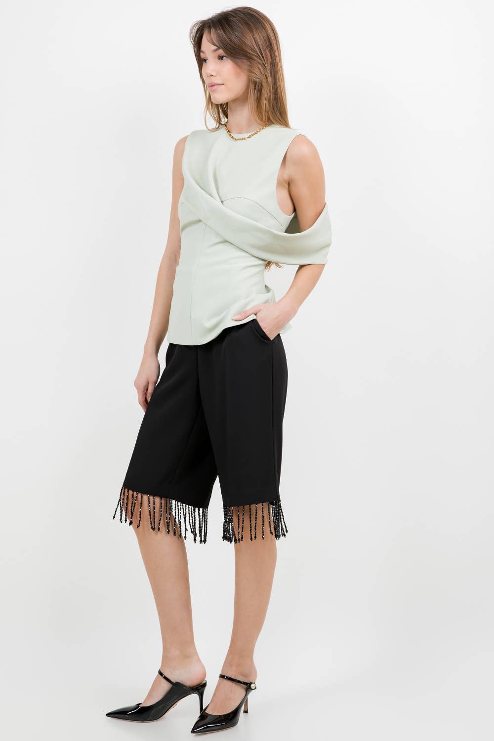SOFT WOVEN DRAPE DETAILED SLEEVELESS FITTED TOP - SAGE