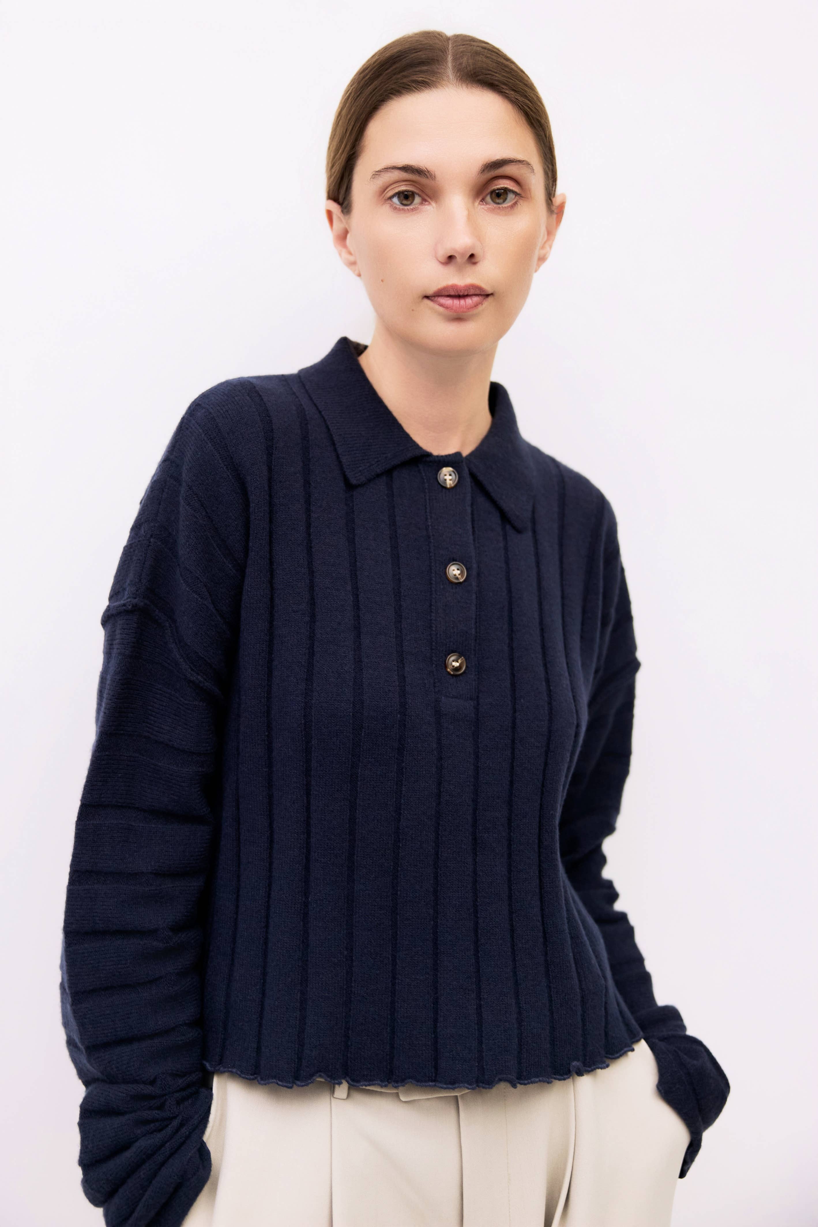 The Karina Sweater | Cropped Ribbed Knit Polo Sweater