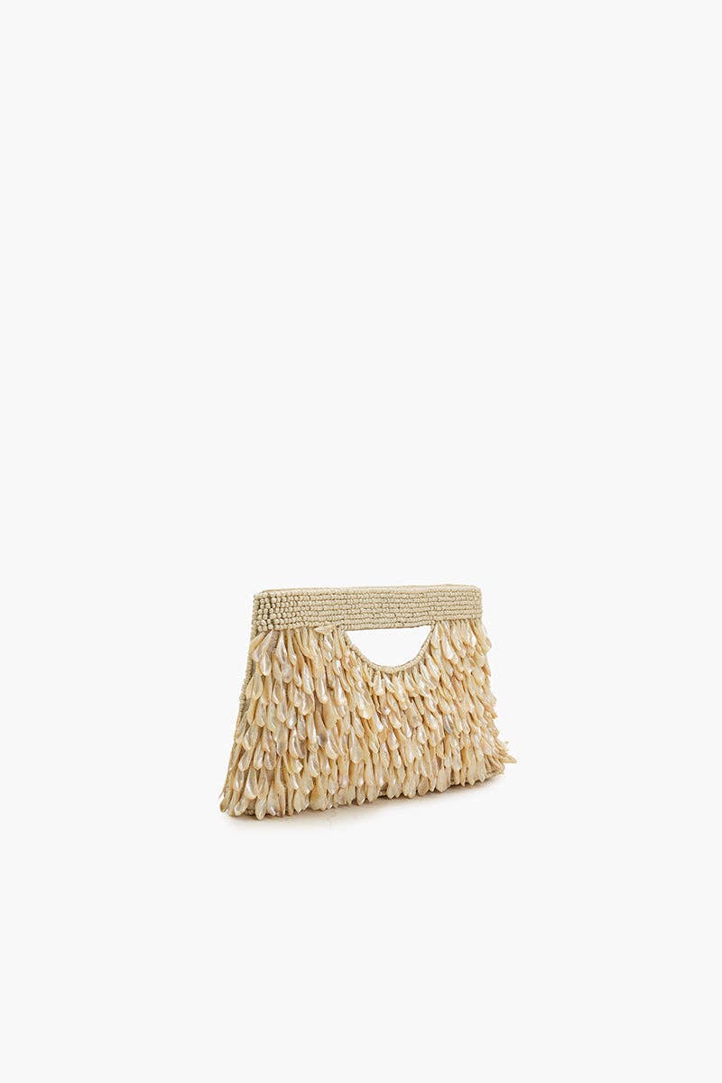 RAINBOW SHELL BEADED ROUND HANDHELD CLUTCH