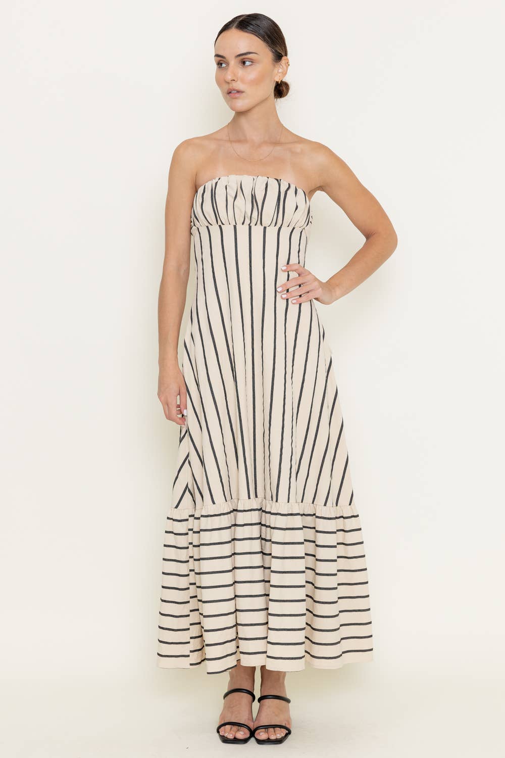 STRAPLESS STRIPES BACK TIE STRAP MAXI DRESS