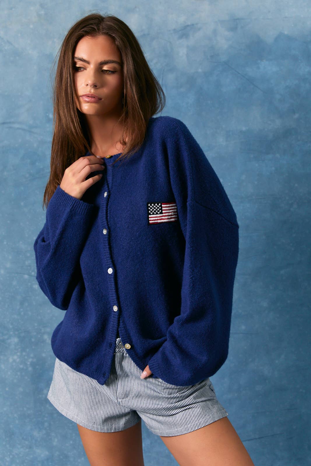 LONG SLEEVE CREW NECK USA FLAG SWEATER CARDIGAN