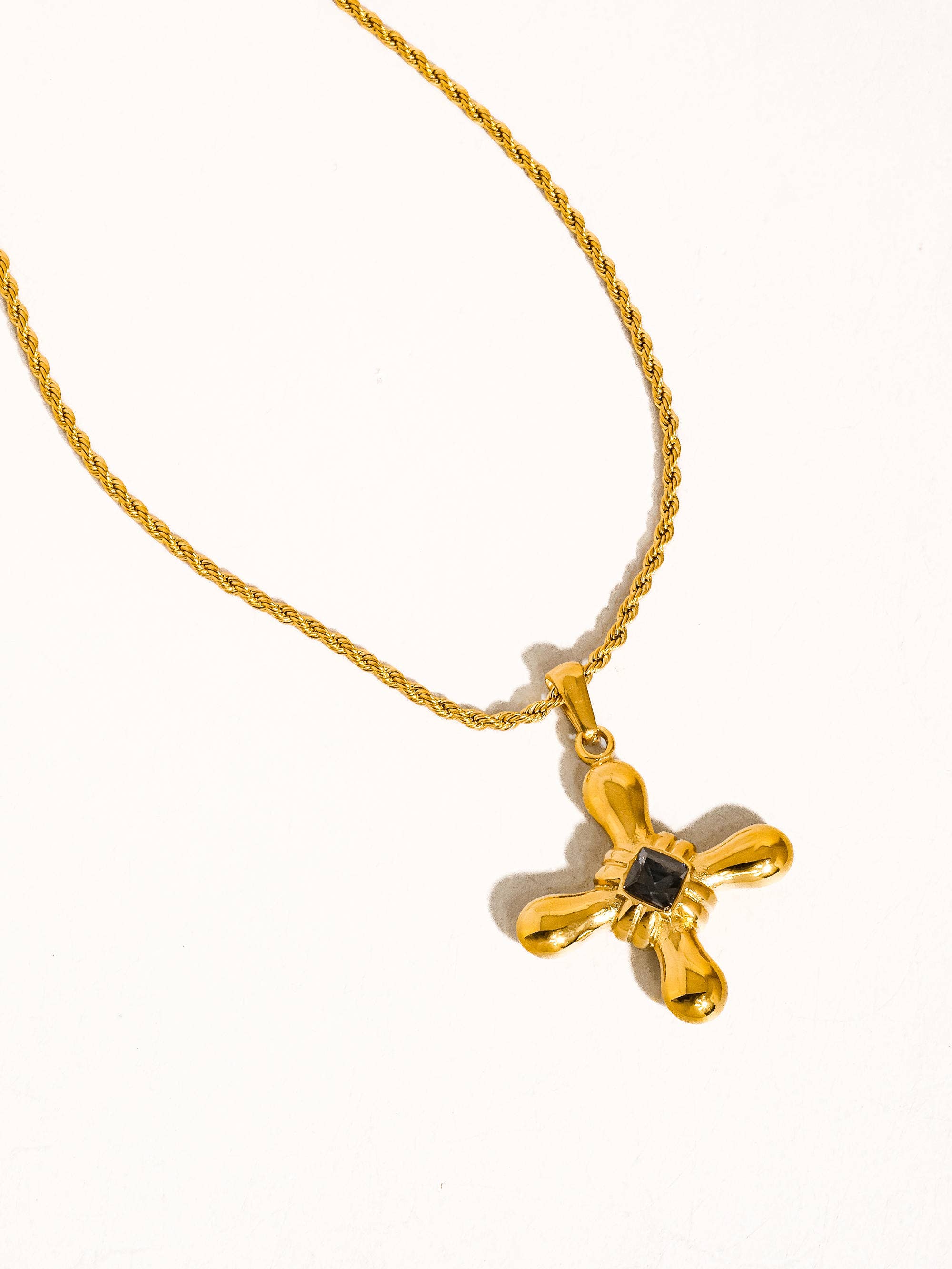 18K Gold Non-Tarnish Stone Cross Necklace