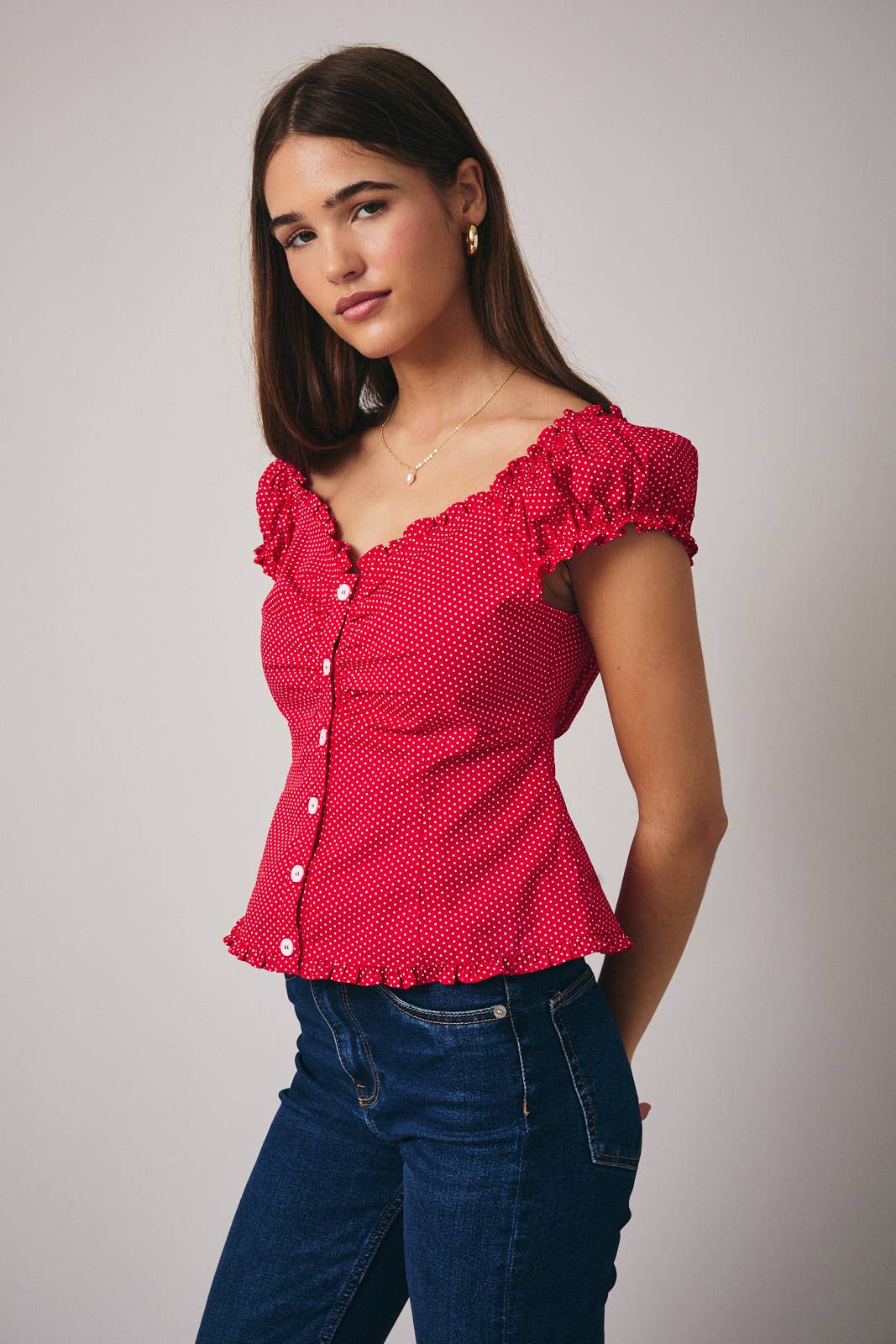 Cap Sleeve Button Down Polka Dot Top