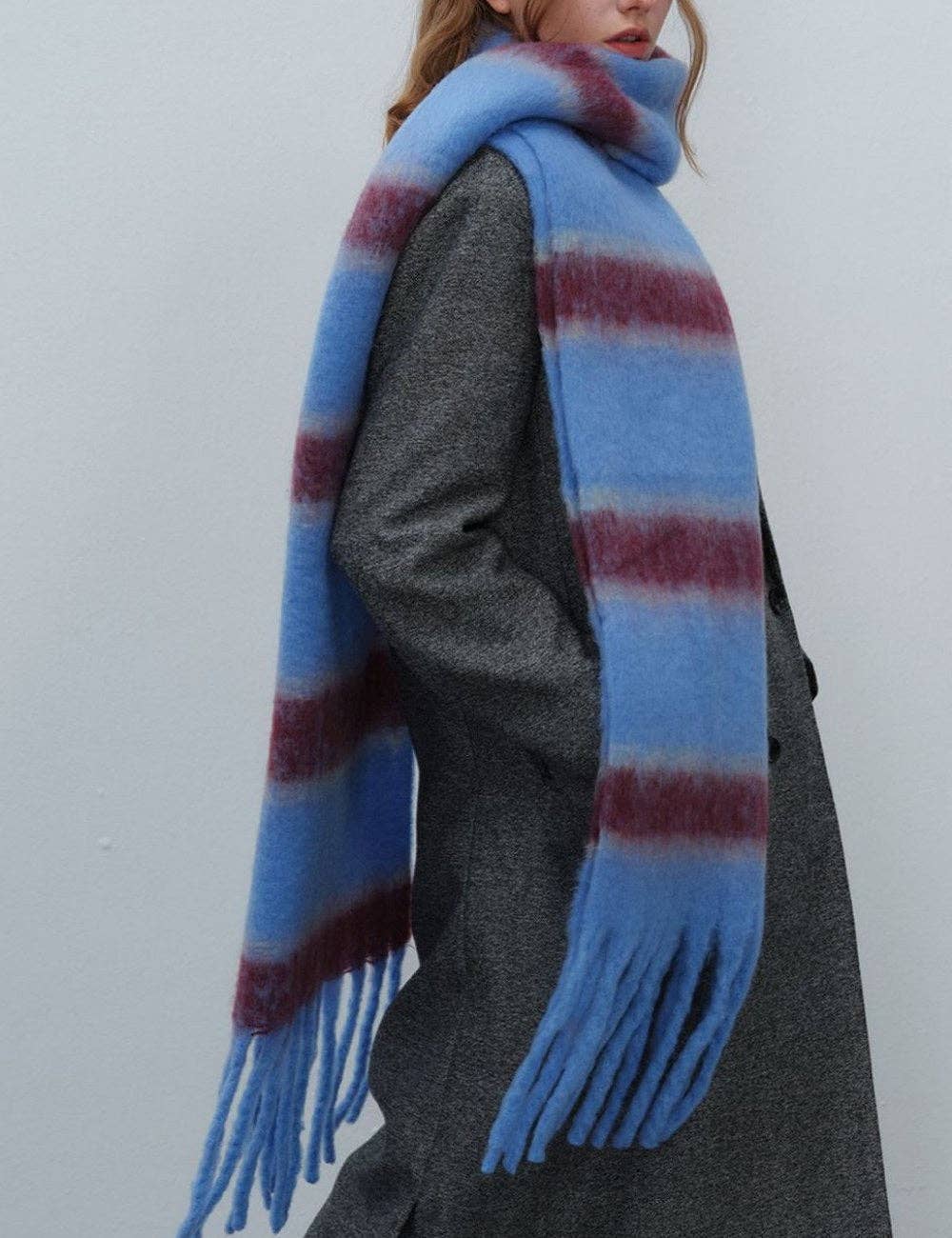 Color Block Striped Simple Tassel Knit Scarf