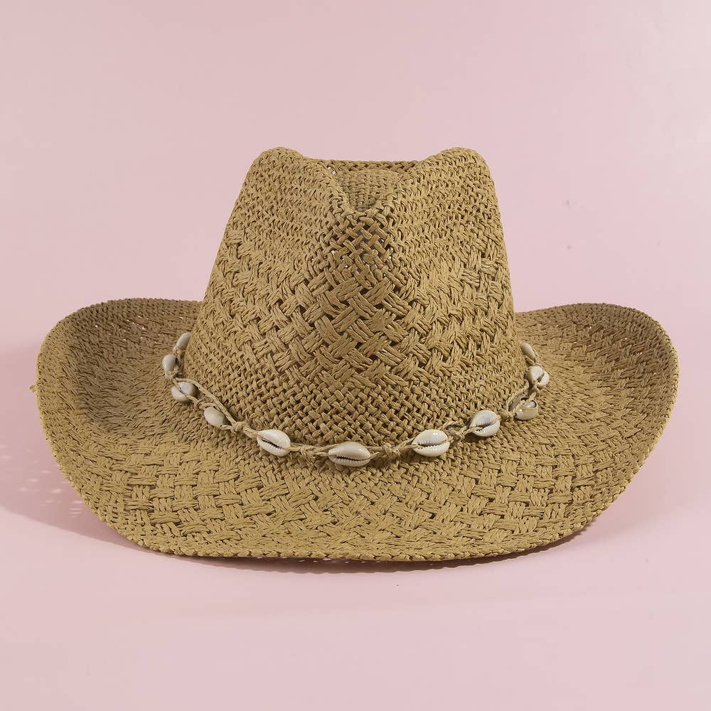 STRAW COWRIE SHELL BAND COWBOY HAT