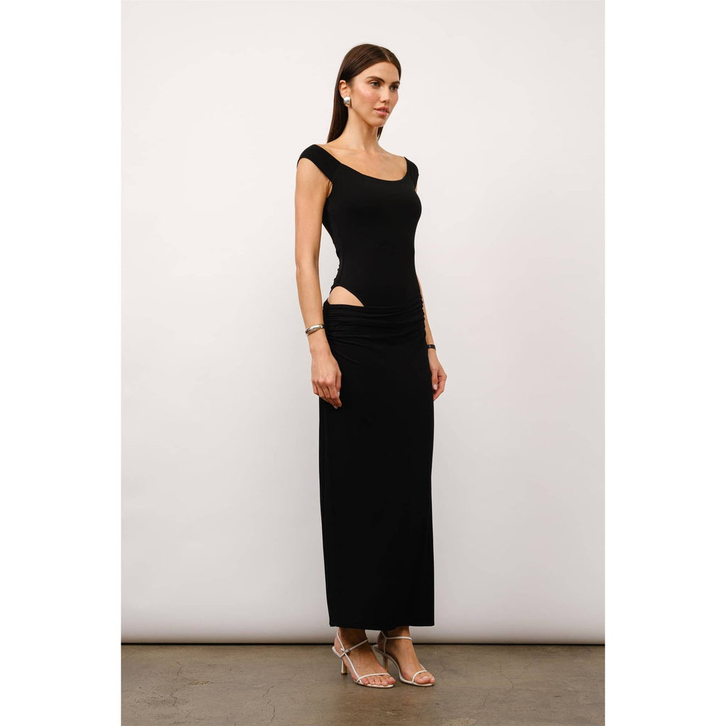 Juliette Off The Shoulder Bodycon Maxi Dress in Black Jersey