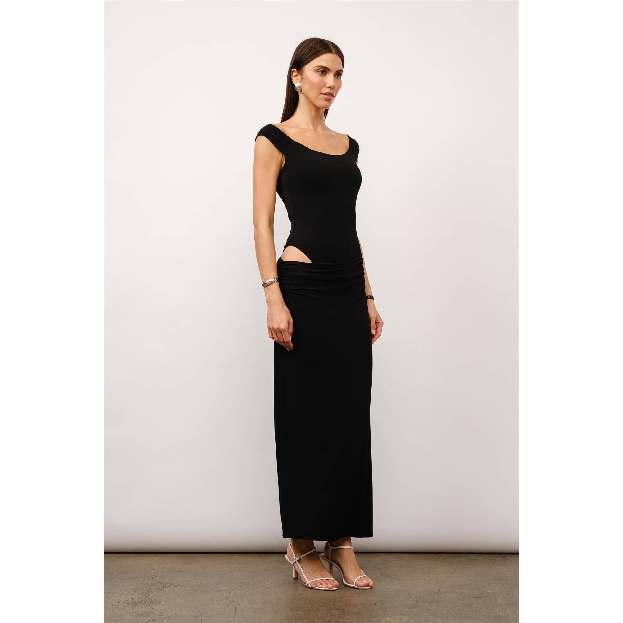 Juliette Off The Shoulder Bodycon Maxi Dress in Black Jersey