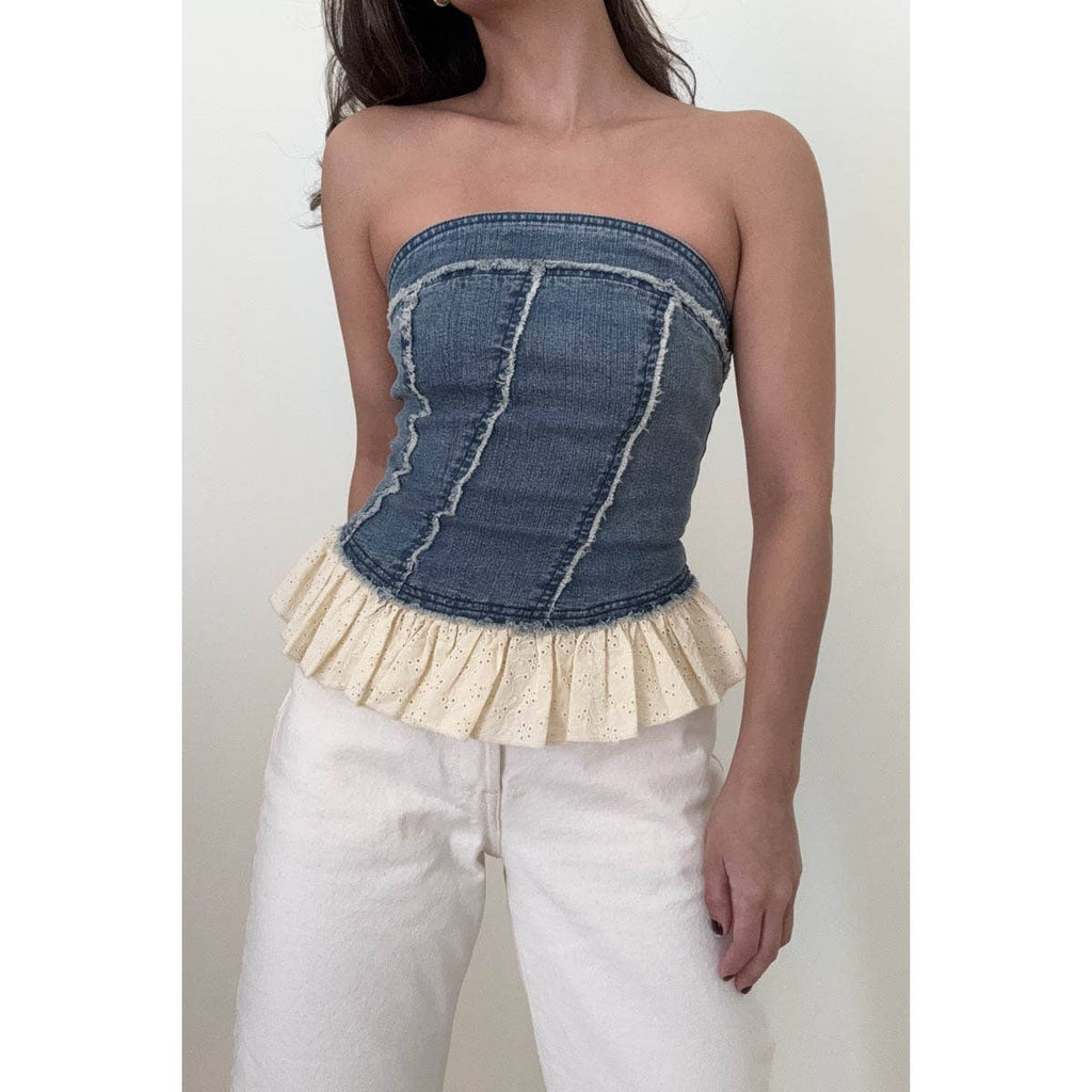 Denim Tube Top With Eyelet Frilled Hem