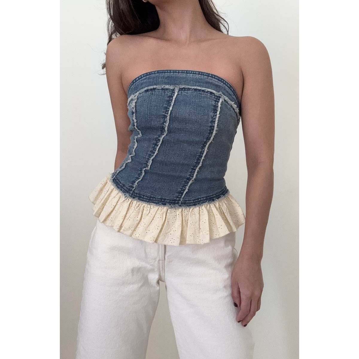 Denim Tube Top With Eyelet Frilled Hem