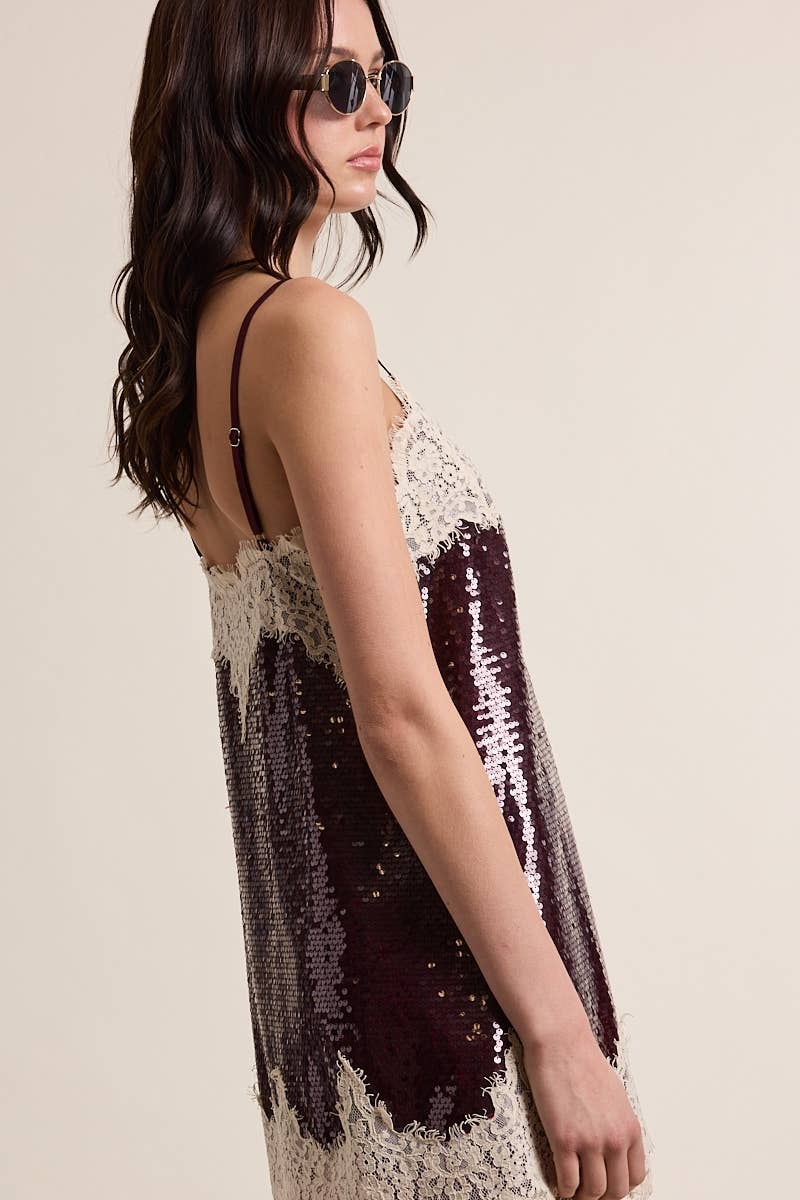 Holiday Dark Sequin Off-white Lace Mini Dress