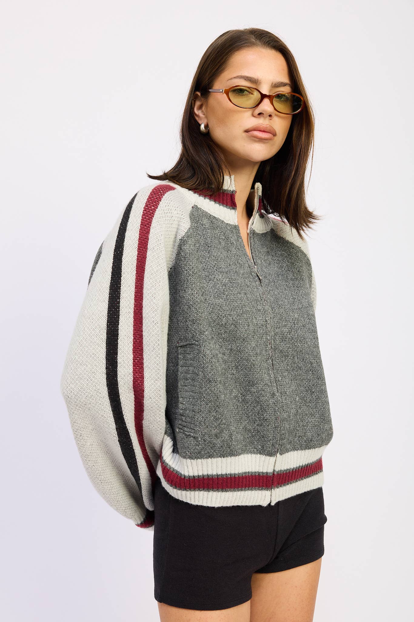 Zip Up Sweater Cardigan With Mock Neck