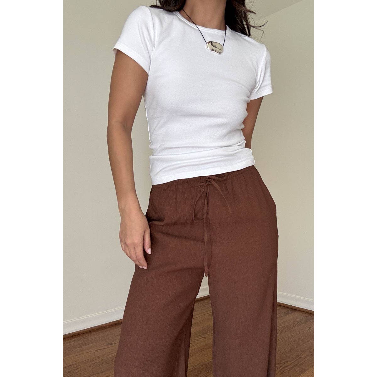 Drawstring Mid Waist Straight Leg Flowy Pants