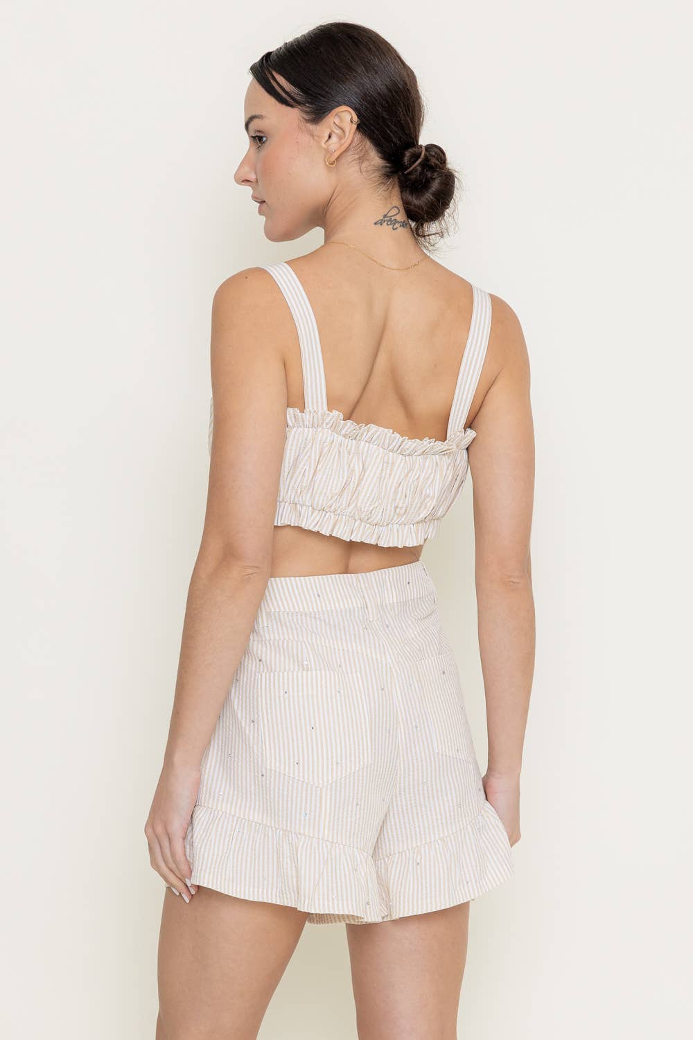PLEATED STRIPE RUFFLE SELF STRAP BOW TIE CROP TOP