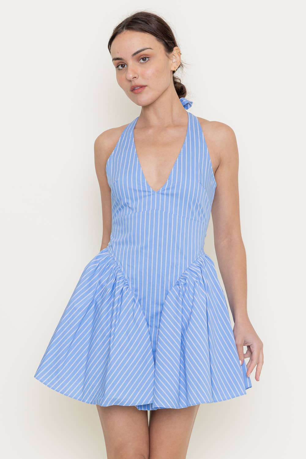 OPEN BACK STRIPE V NECKLINE BUBBLE HEM MINI DRESS