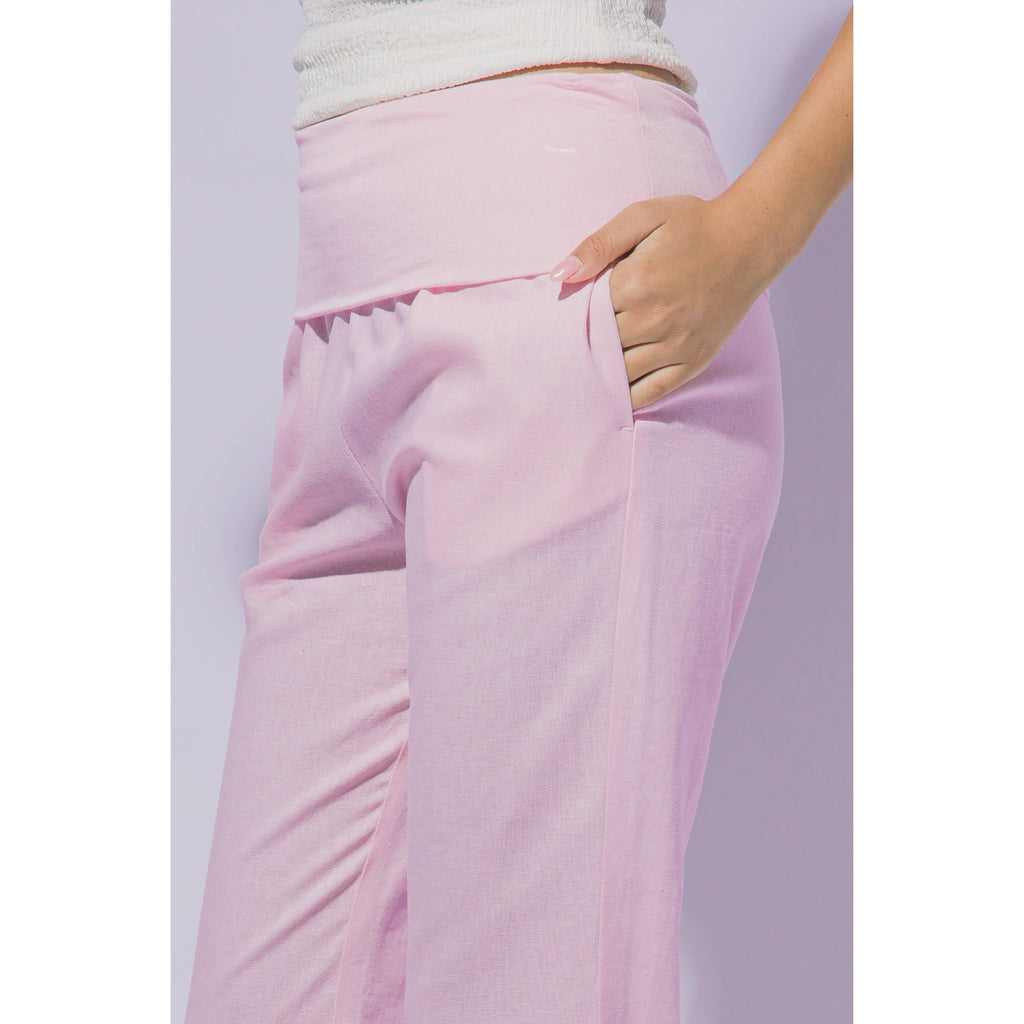 WAIST FOLD OVER FLARE LINEN PANTS