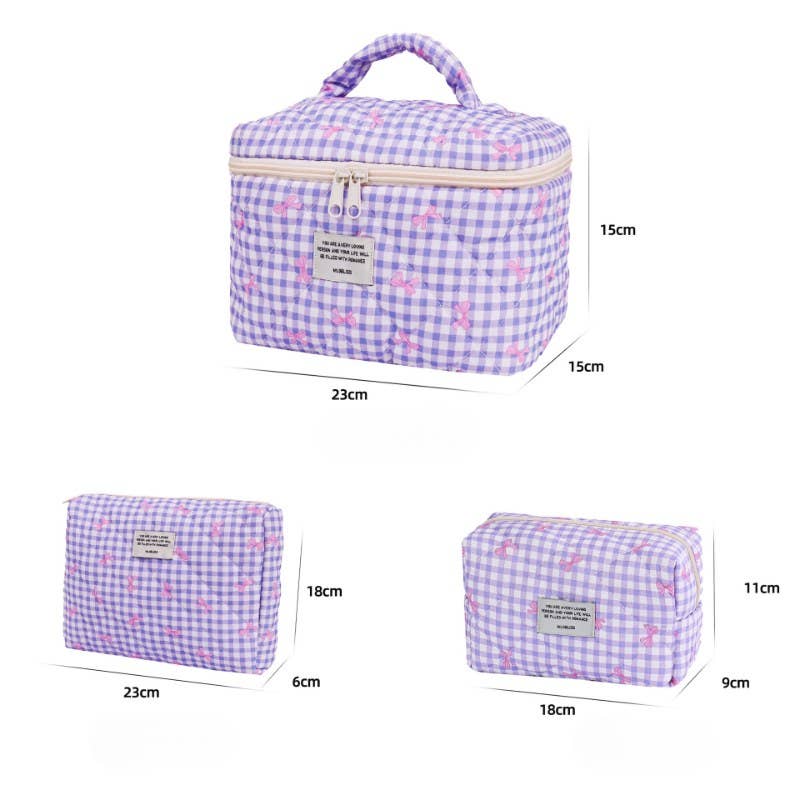 Sweet Color Block Plaid Bow Cosmetic Bag