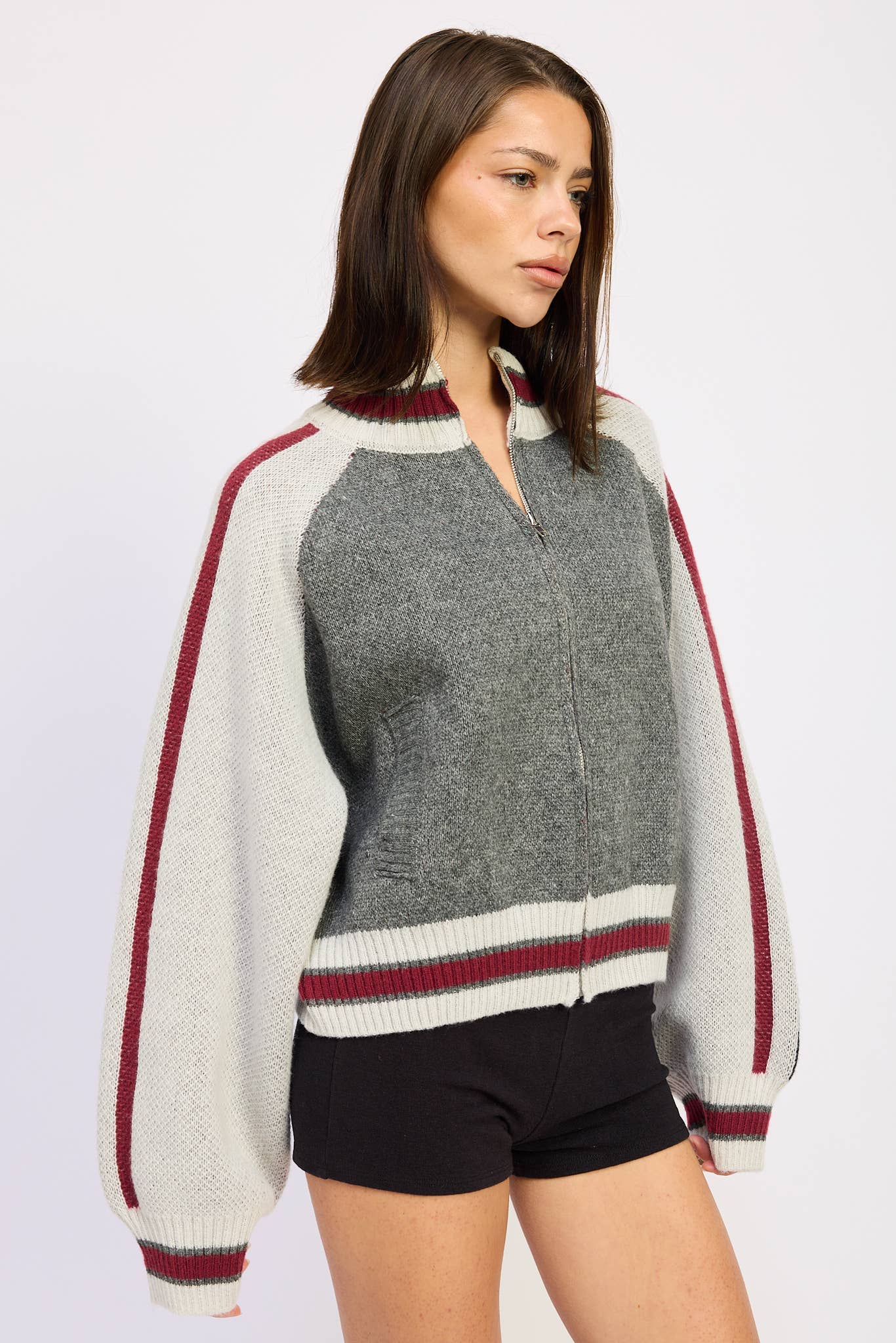 Zip Up Sweater Cardigan With Mock Neck