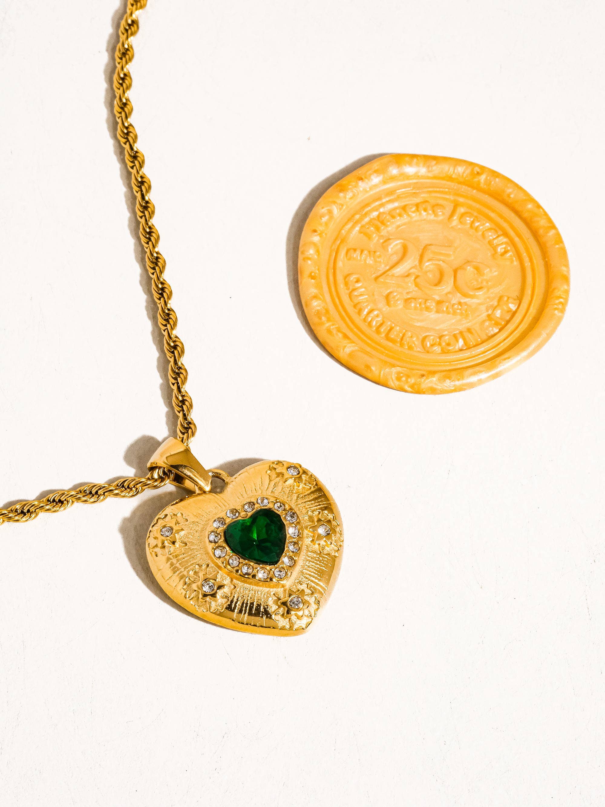 18K Gold Non-Tarnish Green Heart Necklace