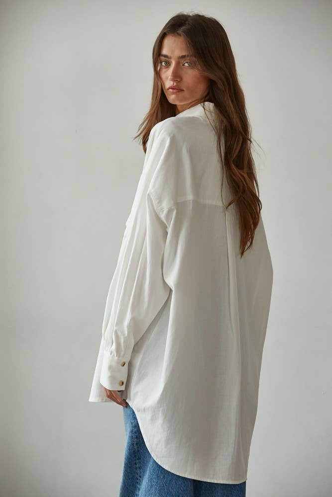 Woven Cotton Button Down Collar Neck Long Sleeve