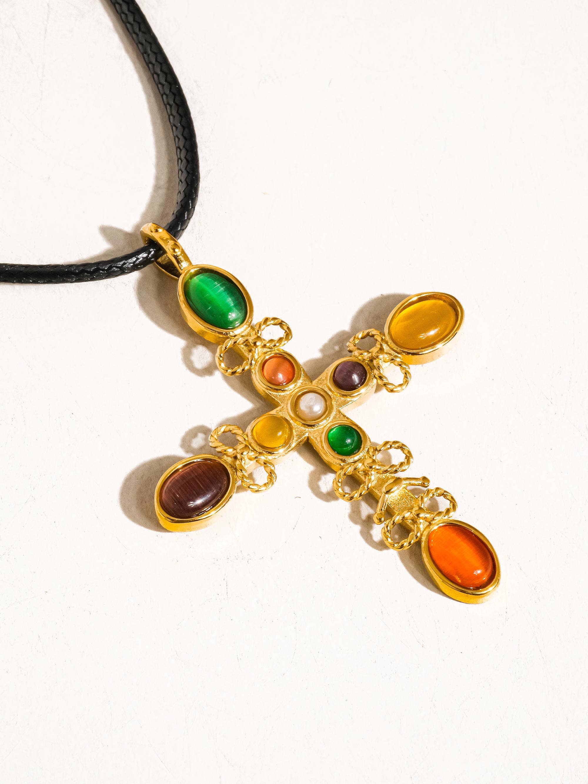 18K Gold Non-Tarnish Multi Stone Cross Necklace
