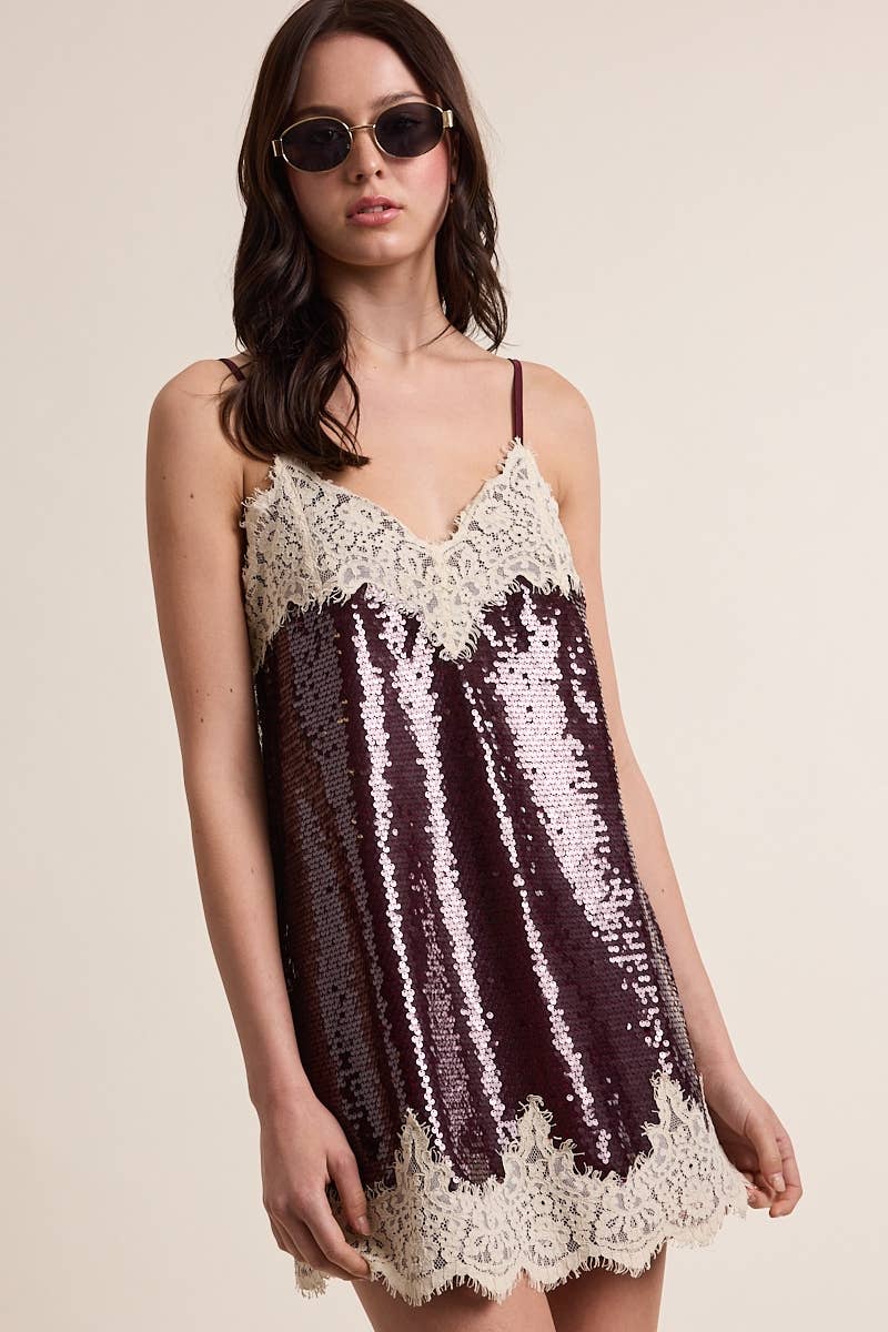 Holiday Dark Sequin Off-white Lace Mini Dress