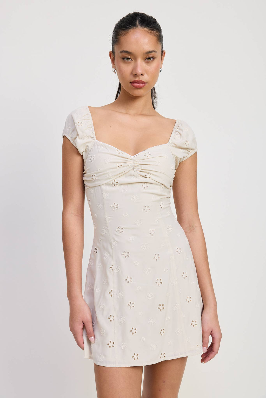 MIX MEDIA MINI RUCHED DRESS