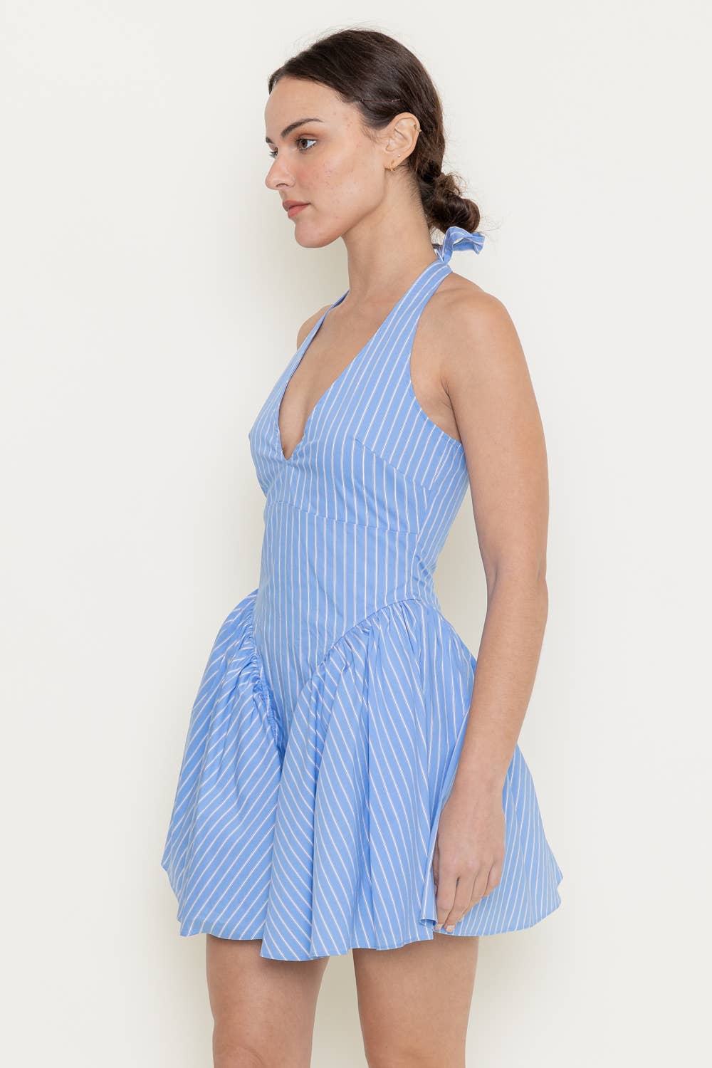 OPEN BACK STRIPE V NECKLINE BUBBLE HEM MINI DRESS