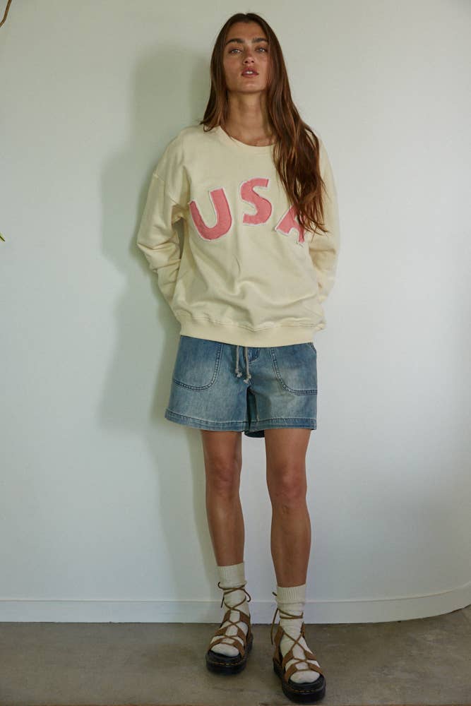 Knit Cotton Pullover Top With USA Patch Work