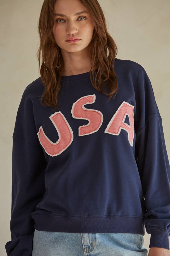Knit Cotton Pullover Top With USA Patch Work